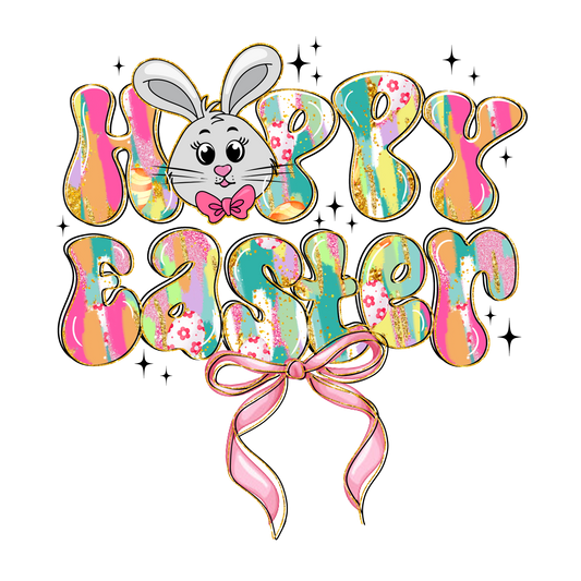 Colorful 'Happy Easter' text with a cartoon bunny and pink bow on a white background