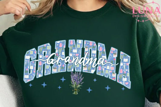 Green sweatshirt with 'Grandma' printed on it, featuring floral designs and a lavender plant.