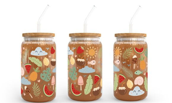 Three glass jars with colorful designs and wooden lids on a white background, featuring the brand 'Julzah'.