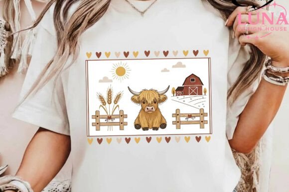 Person wearing a white t-shirt with a highland cow and farm design.