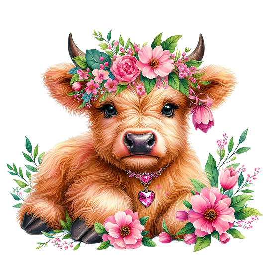 highland cow pink flowers cow dtf transfer