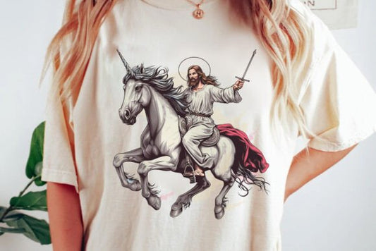 Jesus riding a unicorn