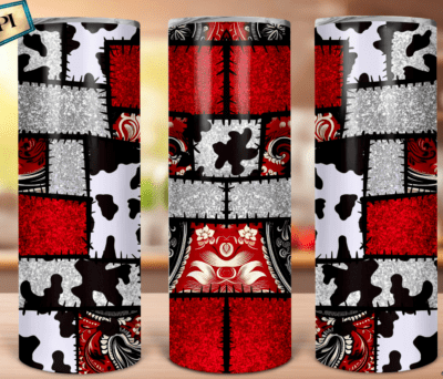 Three sublimation tumblers with a patchwork design on a wooden surface.