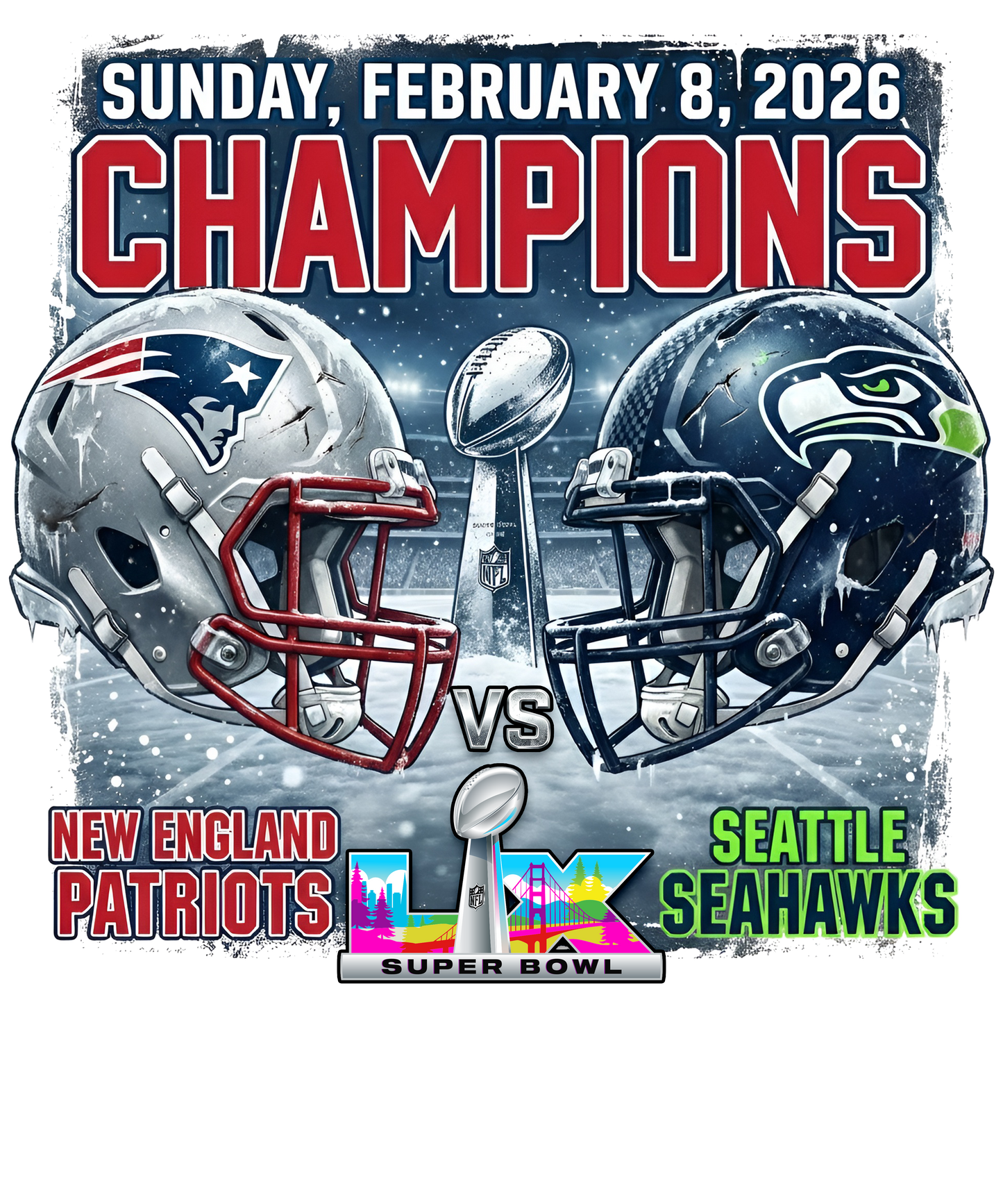 Promotional graphic for Super Bowl LIX featuring New England Patriots and Seattle Seahawks helmets and trophy.