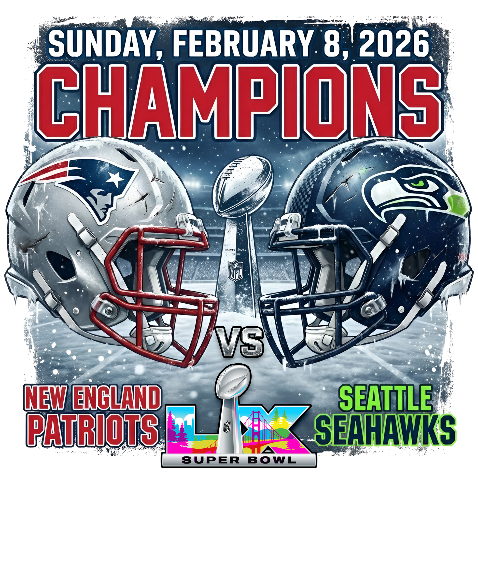 Promotional graphic for Super Bowl LIX featuring New England Patriots and Seattle Seahawks helmets and trophy.