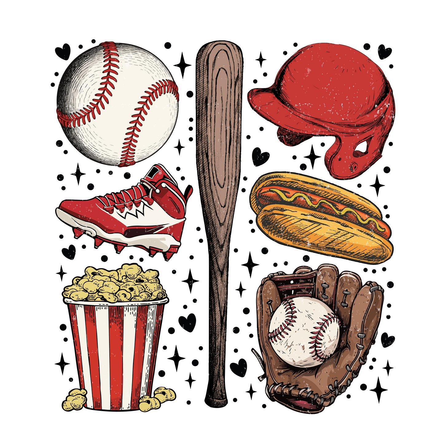 Illustration of baseball-themed items including a ball, bat, glove, and popcorn bucket on a white background.