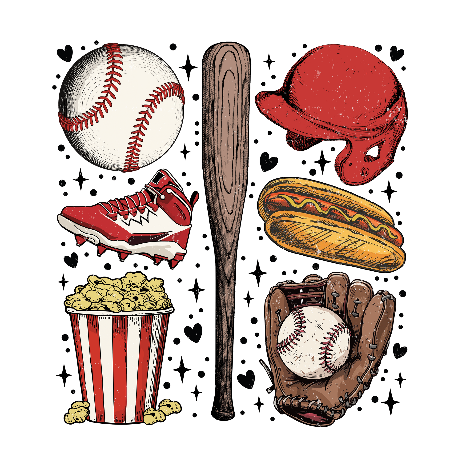 Illustration of baseball-themed items including a ball, bat, glove, and popcorn bucket on a white background.