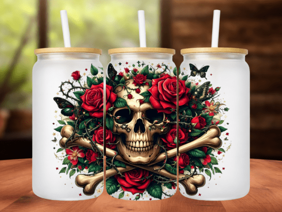 Rose Skull 16oz Tumbler UV DTF Wrap