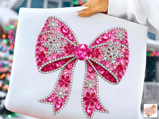 Snowflake pink bow faux rhinestones