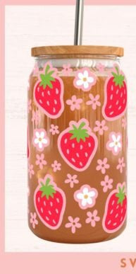 Libbey Can Glass with strawberry design wrap on a pink background