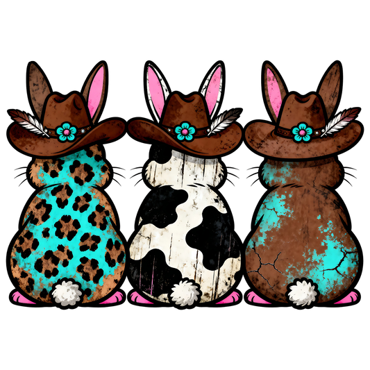 Three cartoon bunnies wearing cowboy hats with different patterns on a white background