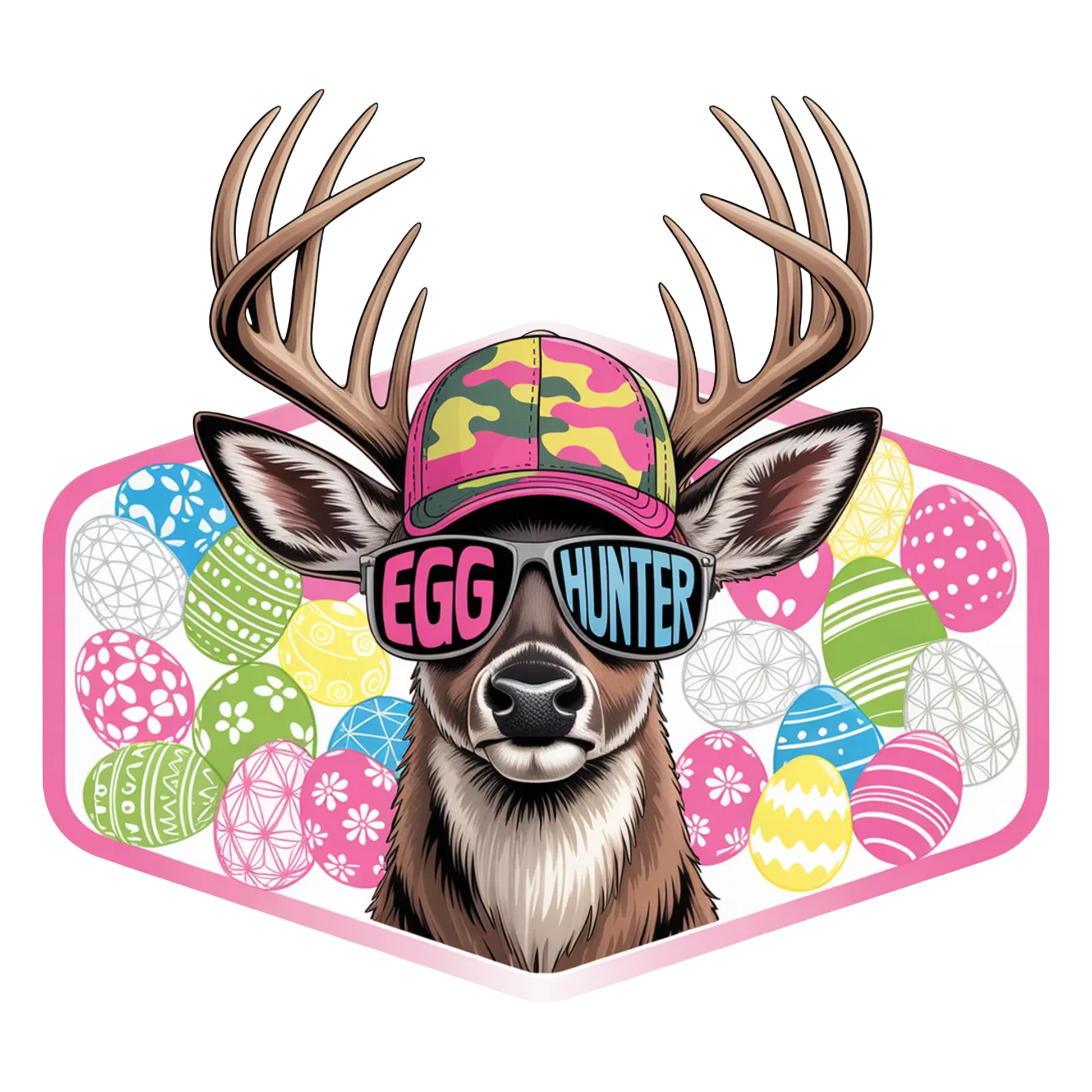 Deer wearing sunglasses and a 'Egg Hunter' cap with Easter eggs in the background