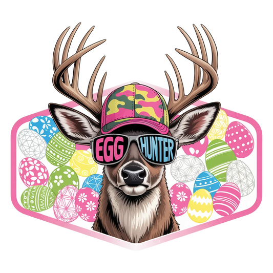 Deer wearing sunglasses and a 'Egg Hunter' cap with Easter eggs in the background