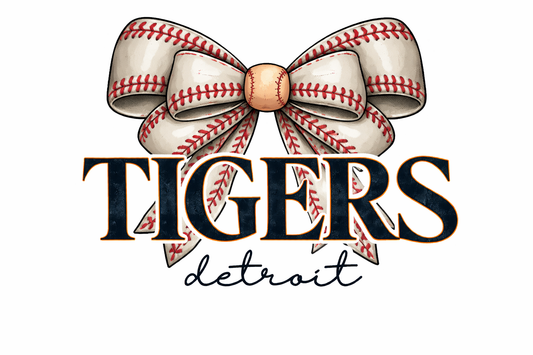 Baseball-themed bow with 'Tigers Detroit' text on a white background