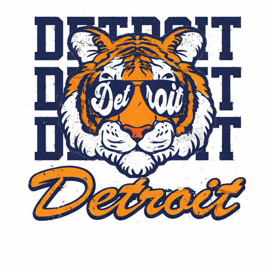 Tiger wearing sunglasses with 'Detroit' text on a white background