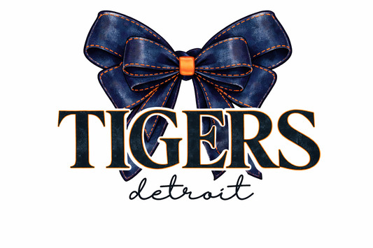 Navy blue bow with orange center and 'Tigers Detroit' text on a white background