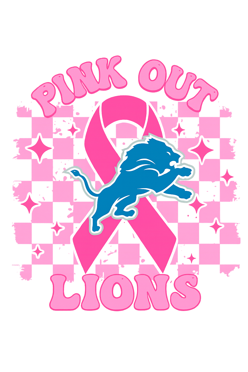 Pink ribbon with blue lion graphic and 'Pink Out Lions' text on a checkered background
