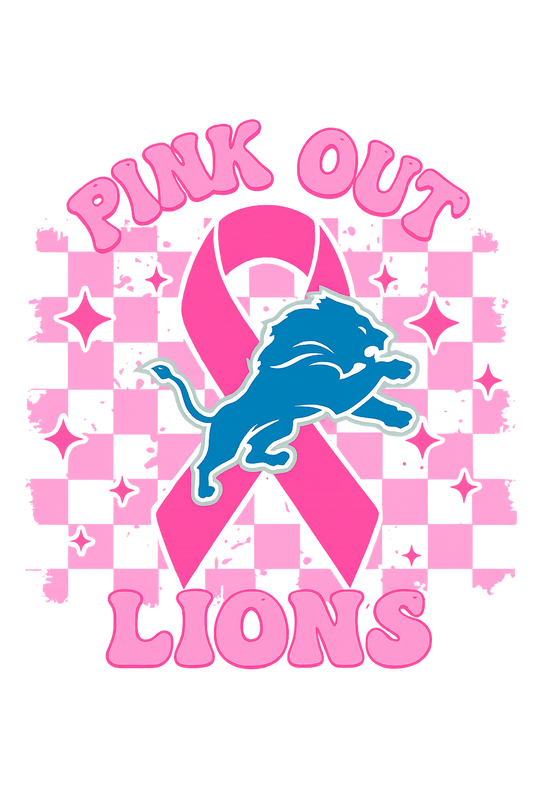 Pink ribbon with blue lion graphic and 'Pink Out Lions' text on a checkered background