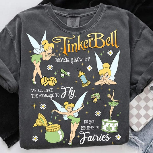 Gray sweatshirt with Tinker Bell graphics and text on a white background