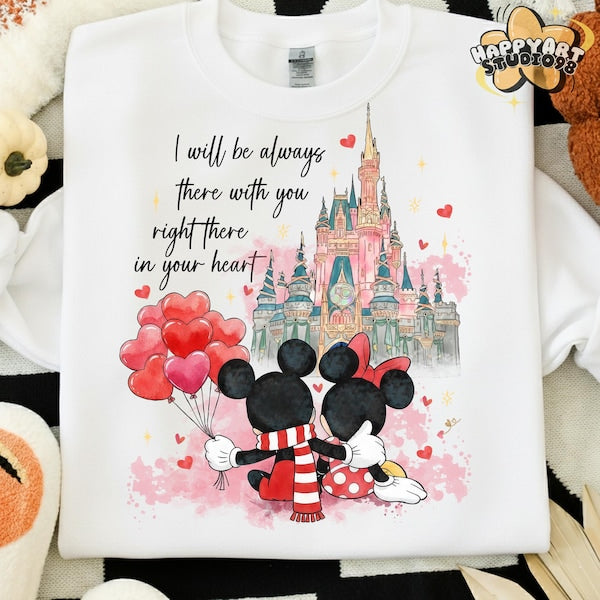 White t-shirt with cartoon characters and castle design, featuring text and heart balloons.