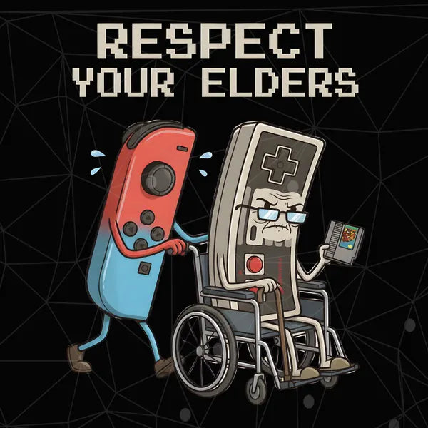 Cartoon character with a gaming controller respecting an elderly character in a wheelchair with a console.
