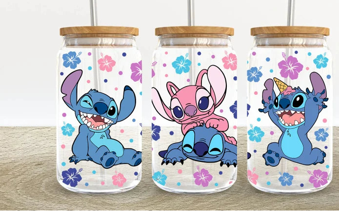 Three tumbler cups with cartoon characters on a wooden surface, featuring the brand 'MuseMadeShop'.