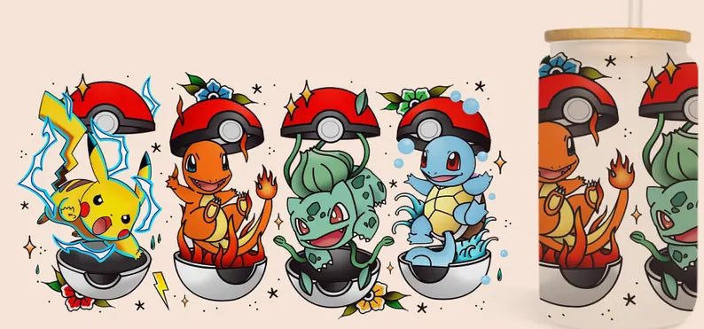 A promotional graphic for a 16oz Libbey glass can pre-size wrap design featuring Pikachu, Charmander, Bulbasaur, and Squirtle sitting in Pokéball shells, with a rendered tumbler on the right showing the wrap applied. Text reads '16OZ LIBBEY GLASS CAN_Pre-size wrap', 'PNG instant file download', and 'ATTACHED & LAYERED BY CORLOR' on a beige background.