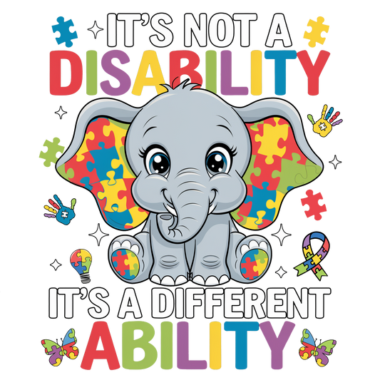 Cartoon elephant surrounded by colorful puzzle pieces and text about autism awareness on a white background.