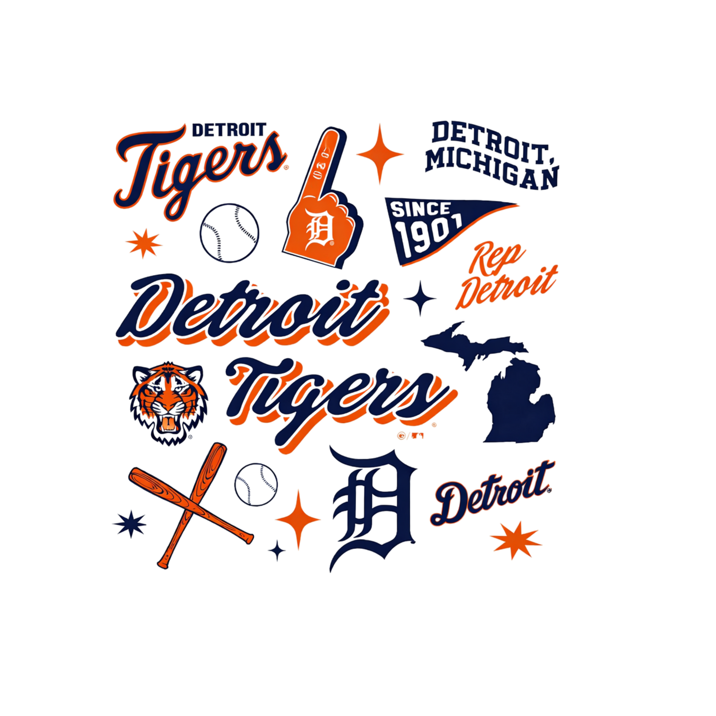 Collection of Detroit Tigers logos and text on a white background
