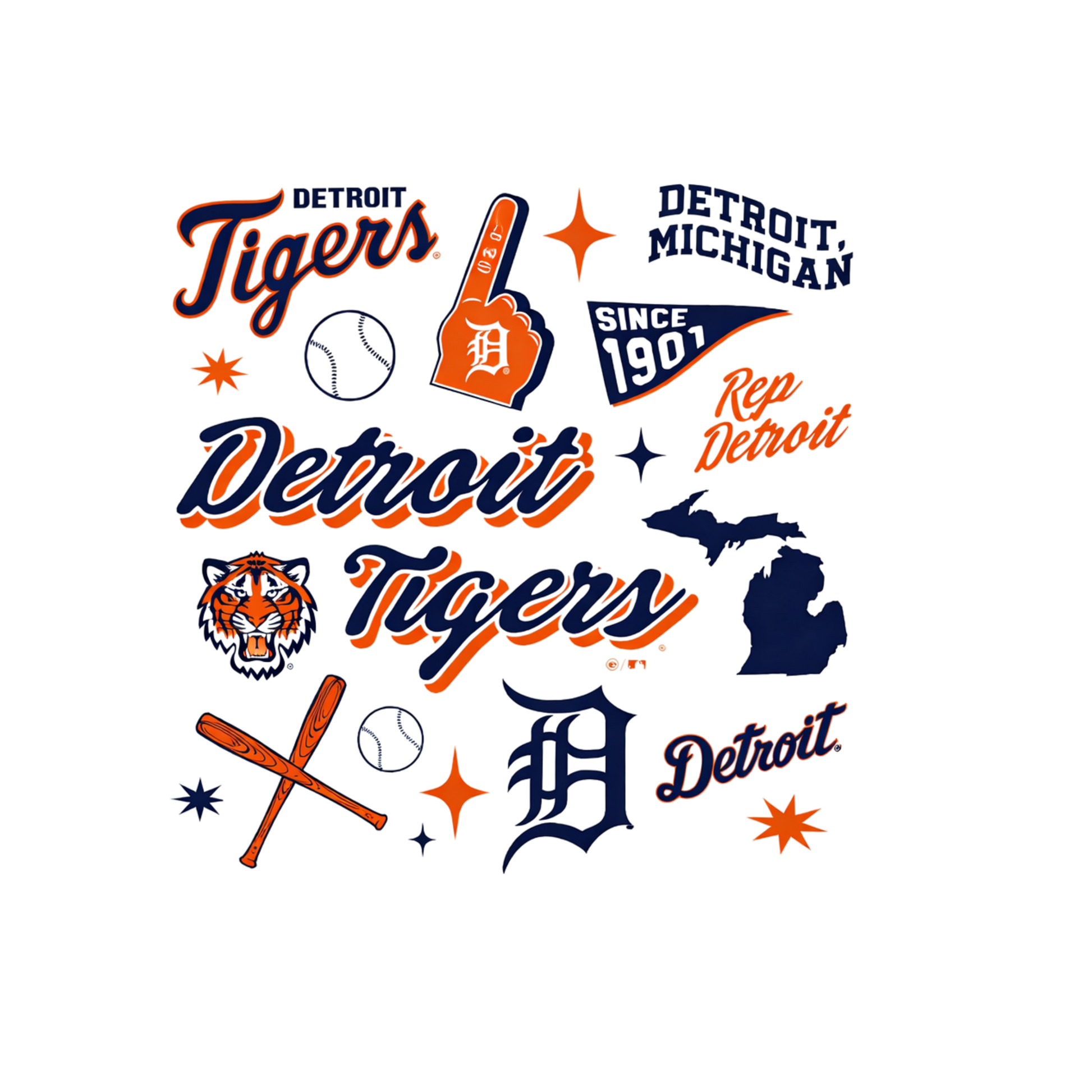 Collection of Detroit Tigers logos and text on a white background