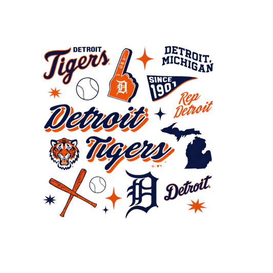 Collection of Detroit Tigers logos and text on a white background